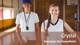  Presentation with basketball court - Presentation theme featuring portrait of smiling basketball player background and a tawny brown colored foreground
