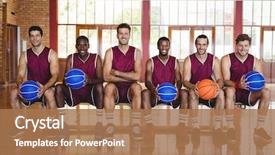  Presentation with basketball players - Presentation featuring portrait of smiling basketball players background and a coral colored foreground