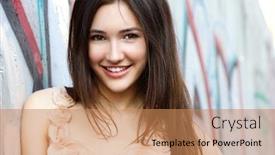  Presentation with graffiti - Colorful presentation theme enhanced with portrait of smiling beautiful fashion girl against wall with abstract graffiti backdrop and a coral colored foreground