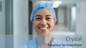  Presentation with medical worker - Presentation theme consisting of portrait-of-smiling-biracial-female background and a light blue colored foreground