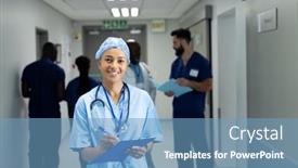  Presentation with busy doctor - Presentation theme featuring portrait-of-smiling-biracial-female background and a teal colored foreground