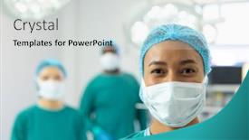  Presentation with theatre mask - Slide set with portrait-of-smiling-biracial-female background and a light gray colored foreground