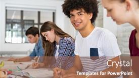  Presentation with black students - Cool new slides with portrait-of-smiling-black-guy backdrop and a coral colored foreground
