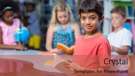  Presentation with classmates - Beautiful PPT theme featuring portrait of smiling boy holding books against classmates in library backdrop and a red colored foreground