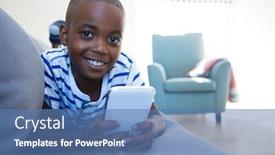  Presentation with mobile home - PPT layouts featuring portrait of smiling boy holding mobile phone lying on sofa in living room at home background and a teal colored foreground