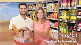  Presentation with products supermarket - Presentation theme featuring portrait of smiling bright couple buying food products using shopping basket at supermarket background and a coral colored foreground