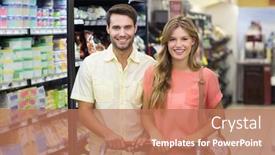  Presentation with products supermarket - Presentation theme with portrait of smiling bright couple buying food products at supermarket background and a coral colored foreground