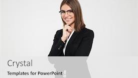  Presentation with brown - Amazing theme having portrait of smiling brown-haired businesswoman in suit and eyeglasses standing with arm on her chin and looking at camera isolated over white background backdrop and a white colored foreground