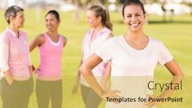  Presentation with breast cancer - Slides enhanced with portrait of smiling brunette wearing pink for breast cancer in front of friends in parkland background and a yellow colored foreground