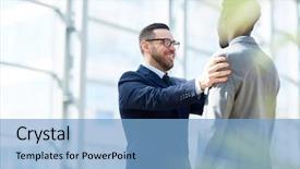  Presentation with modern building - Audience pleasing slide set consisting of portrait of smiling businesman patting backdrop and a light blue colored foreground