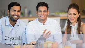  Presentation with cafeteria - Audience pleasing presentation design consisting of portrait of smiling business colleagues having breakfast together in office cafeteria backdrop and a light blue colored foreground