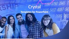  Presentation with five business people standing together and smiling - Slides with portrait of smiling business people background and a  colored foreground