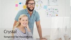  Presentation with business office desk - Amazing slide deck having portrait of smiling business people at computer desk in office backdrop and a coral colored foreground