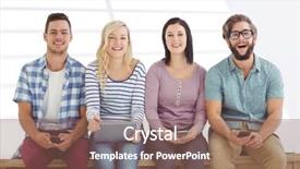  Presentation with electronic - Presentation featuring portrait of smiling business people holding electronic gadgets against grey vignette background and a violet colored foreground