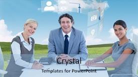  Presentation with conference table - Audience pleasing PPT layouts consisting of portrait of smiling business people sitting at conference table against blue sky over green field backdrop and a light blue colored foreground