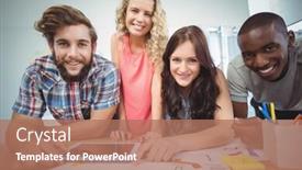  Presentation with business office desk - Audience pleasing PPT theme consisting of portrait of smiling business team with digital tablet at desk in creative office backdrop and a coral colored foreground