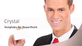  Presentation with business card - Slides consisting of portrait-of-smiling-businessman-showing background and a sky blue colored foreground