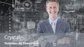  Presentation with hologram - Cool new theme with portrait of smiling businessman standing hands folded against hologram background backdrop and a gray colored foreground