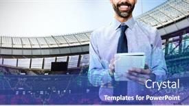  Presentation with shares - Audience pleasing slide set consisting of portrait of smiling businessman using tablet computer against stocks and shares backdrop and a teal colored foreground