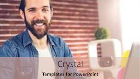  Presentation with graphic - Colorful PPT layouts enhanced with portrait of smiling businessman using graphic tablet and laptop in creative office backdrop and a coral colored foreground