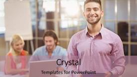  Presentation with using digital tablet - Slide deck featuring portrait of smiling businessman using digital tablet in office with colleagues on laptop in background background and a coral colored foreground