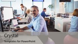  Presentation with desk - Colorful theme enhanced with portrait of smiling businessman working backdrop and a light gray colored foreground