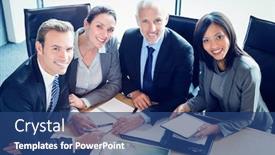  Presentation with office room - Presentation theme having portrait of smiling businesspeople in conference room at office background and a ocean colored foreground