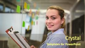  Presentation with note - PPT layouts enhanced with portrait of smiling businesswoman holding note pad and digital tablet in creative office background and a tawny brown colored foreground