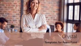  Presentation with busy - PPT layouts having portrait-of-smiling-businesswoman-standing background and a coral colored foreground