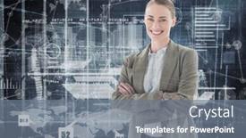  Presentation with hologram - Beautiful slide deck featuring portrait of smiling businesswoman standing arms crossed against hologram background backdrop and a gray colored foreground