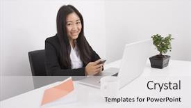  Presentation with cell - Slide deck enhanced with portrait of smiling businesswoman using cell phone at office desk background and a white colored foreground