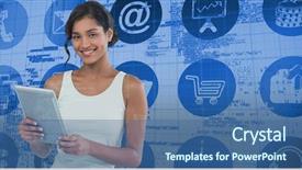  Presentation with matrix - PPT layouts enhanced with portrait of smiling businesswoman using tablet computer against blue matrix background and a ocean colored foreground