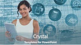  Presentation with matrix - Audience pleasing slide deck consisting of portrait of smiling businesswoman using tablet computer against blue matrix and codes backdrop and a seafoam green colored foreground