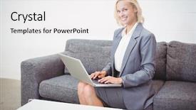  Presentation with laptop computers around the world - Audience pleasing presentation design consisting of portrait of smiling bussinesswoman working backdrop and a  colored foreground