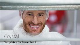  Presentation with butcher - Colorful presentation theme enhanced with portrait of smiling butcher standing in meat factory backdrop and a light gray colored foreground