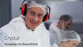  Presentation with butcher - Amazing presentation theme having portrait of smiling butcher in protective headphones at meat factory backdrop and a light gray colored foreground