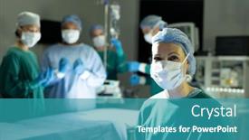  Presentation with operation theatre healthcare medical - Slide deck with portrait-of-smiling-caucasian-female background and a teal colored foreground