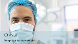  Presentation with theatre mask - Slide deck having portrait-of-smiling-caucasian-male background and a light blue colored foreground