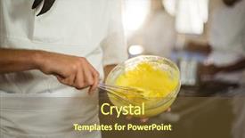  Presentation with commercial - Colorful presentation enhanced with portrait of smiling chef mixing dough in a commercial kitchen backdrop and a tawny brown colored foreground