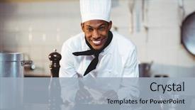  Presentation with commercial - Presentation design with portrait of smiling chef preparing a salad in commercial kitchen background and a light blue colored foreground