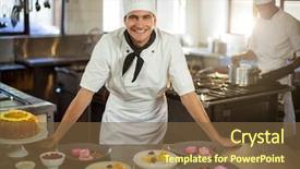  Presentation with commercial - Amazing PPT layouts having portrait of smiling chef presenting dessert plates in commercial kitchen backdrop and a tawny brown colored foreground
