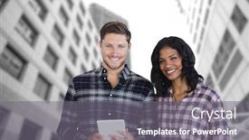  Presentation with towers - Colorful slide set enhanced with portrait of smiling co-worker posing with digital tablet against low angle view of office towers backdrop and a gray colored foreground