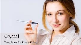  Presentation with space - Amazing PPT layouts having portrait of smiling content businesswoman backdrop and a  colored foreground