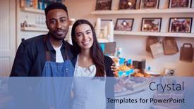  Presentation with coffee shop - Beautiful slide deck featuring portrait-of-smiling-couple-running backdrop and a light blue colored foreground