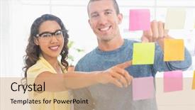  Presentation with coworkers - Presentation theme enhanced with portrait of smiling coworkers pointing sticky notes and looking at camera in the office background and a coral colored foreground