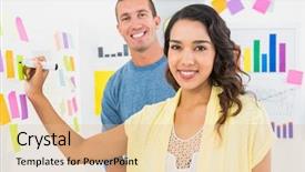  Presentation with coworkers - Audience pleasing presentation design consisting of portrait of smiling coworkers writing on sticky notes in the office backdrop and a lemonade colored foreground