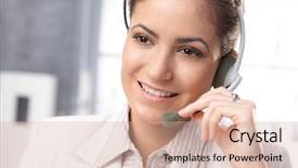  Presentation with customer service reporting - Colorful PPT layouts enhanced with portrait of smiling customer service backdrop and a  colored foreground