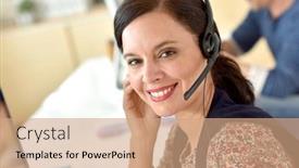  Presentation with customer service - Slide deck with portrait of smiling customer service operator background and a coral colored foreground