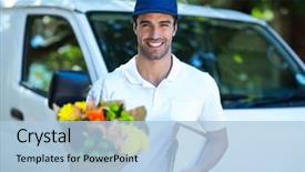  Presentation with delivery van - Audience pleasing slide deck consisting of portrait of smiling delivery man backdrop and a light blue colored foreground