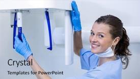  Presentation with dental assistant - Beautiful slide set featuring portrait of smiling dental assistant backdrop and a light blue colored foreground
